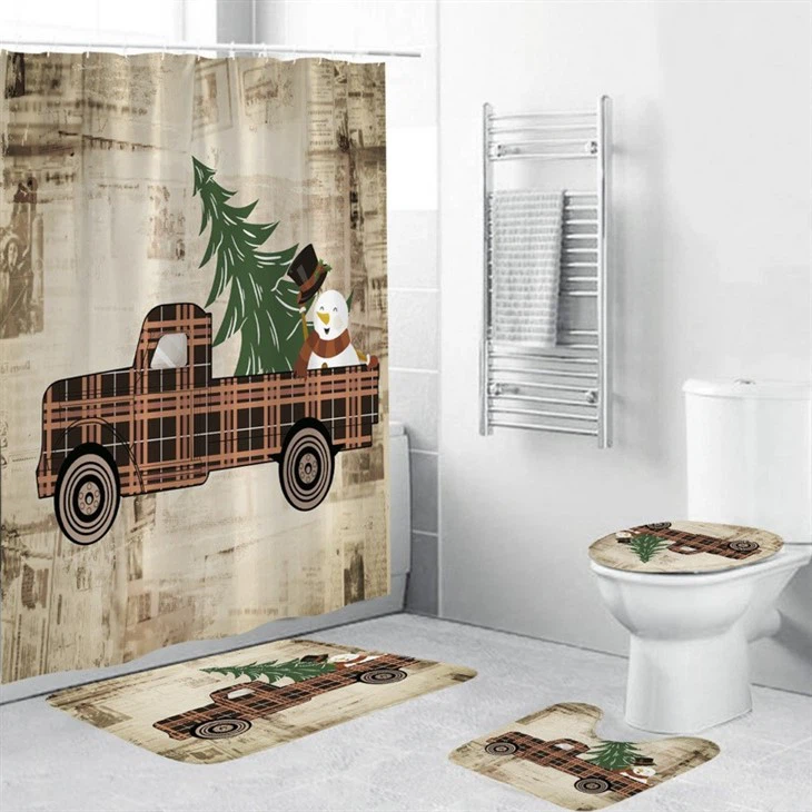 Children's Cute Cartoon Christmas Tree Snowman Car Shower Curtain 3D Digital Printing Waterproof Bathroom Curtain